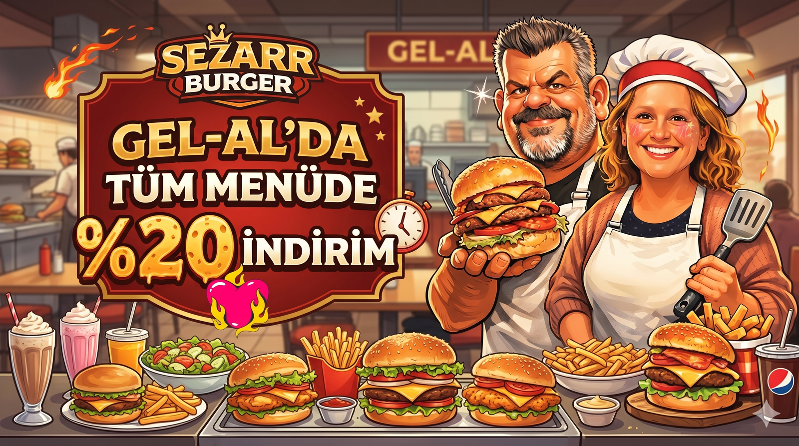 Sezarr Burger’de Gel-Al Keyfi: Tüm Menüde Geçerli indirim.