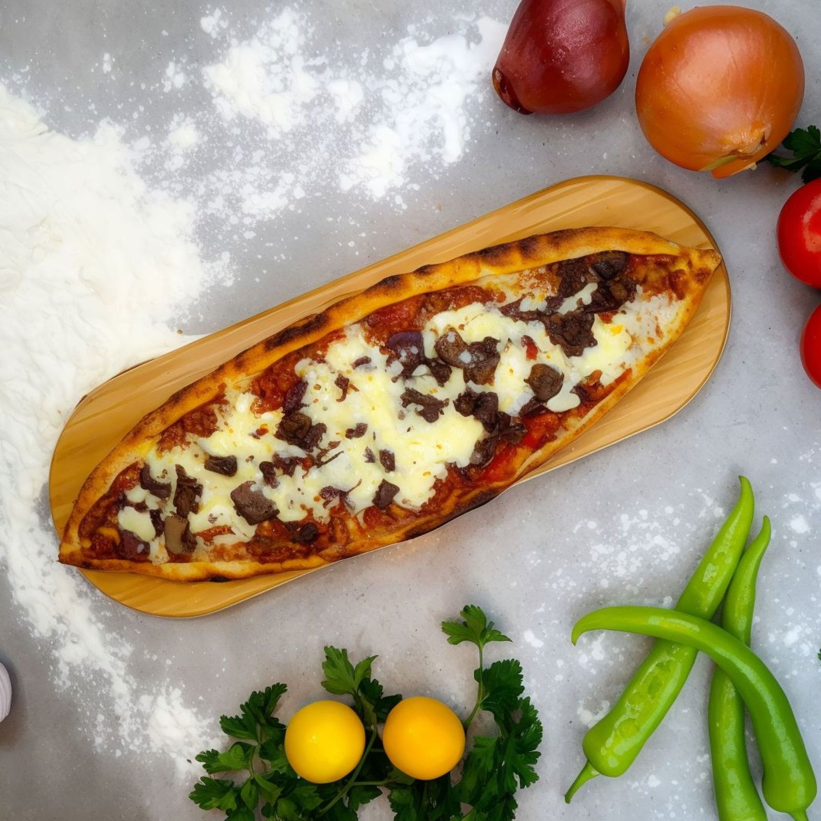 Kuşbaşılı Sucuklu Kaşarlı Pide (Açık)