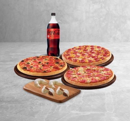 3 Adet Orta Boy Pizza + Seçeceğiniz 2'li Yatıştırmalık (2 Adet) + Litrelik İçecek