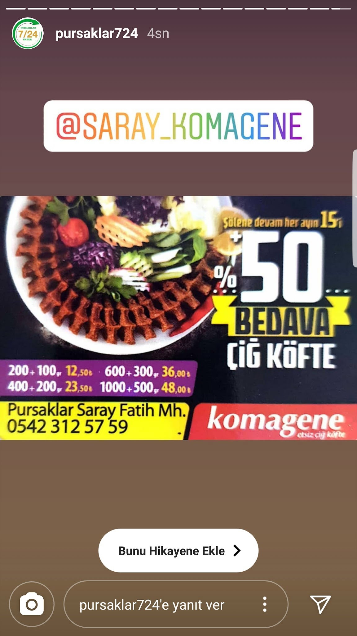 Pursaklar Saray Komagene Etsiz Çiğ Köfte
