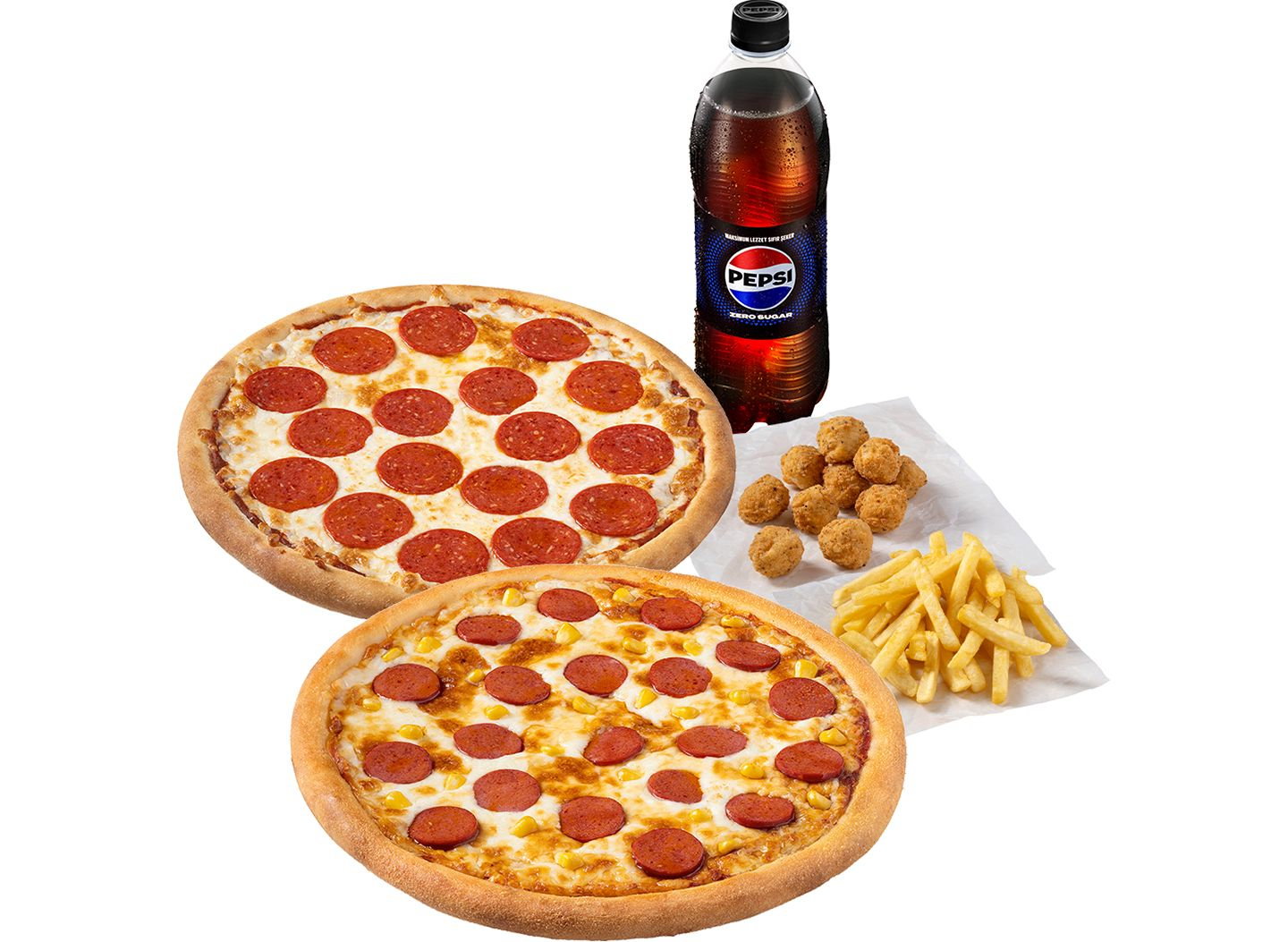 2 Adet Orta Boy Pizza + Litrelik İçecek + Patates + 10 lu Çıtır Tavuk